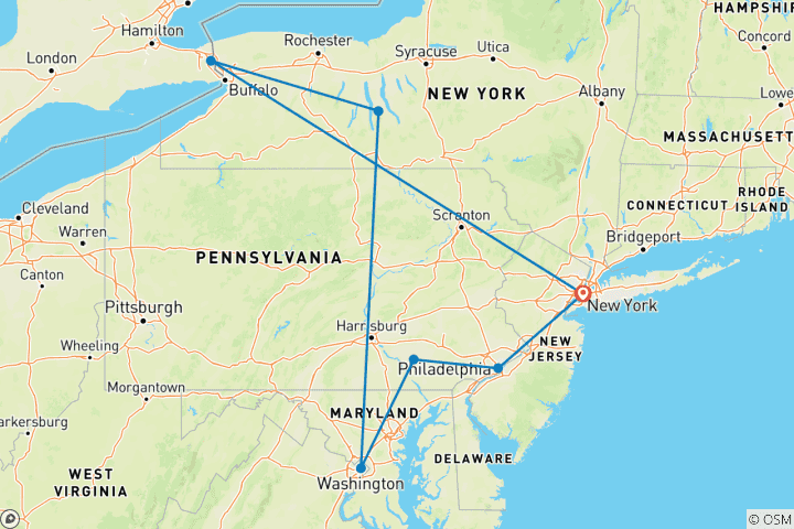 Carte du circuit États-Unis : escapade américaine au départ de New York - 4 jours