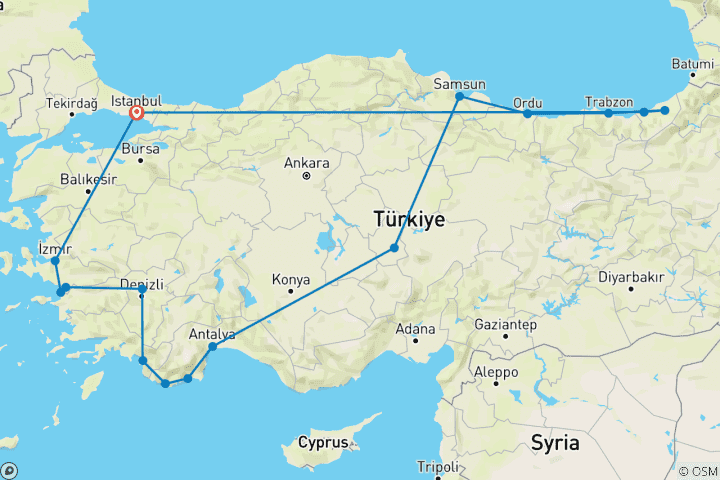 Kaart van 17-daagse privérondreis in Toscane | Oude steden, prachtige hooglanden & turquoise kusten! | VIP Road Trip door ANGELS VACATIONS