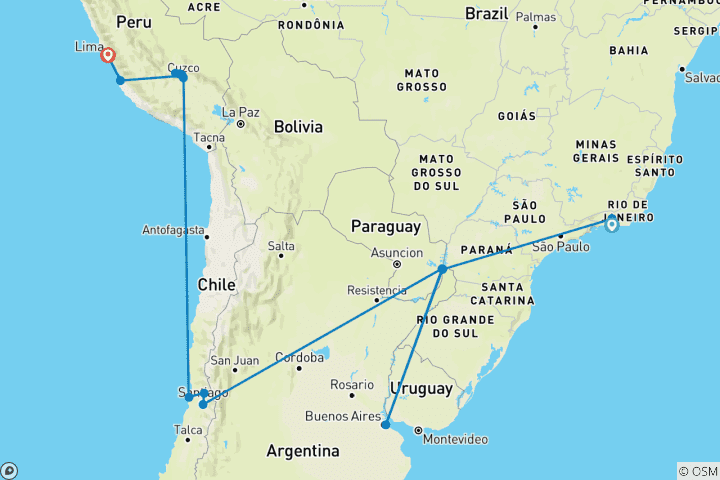 Kaart van Zuid-Amerikaanse reis - incl. Peru