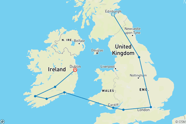 Carte du circuit Exploration de la Grande-Bretagne et de l'Irlande comprenant l'Angleterre, l'Irlande, l'Écosse et le Pays de Galles (d'Édimbourg à Dublin) (2026)