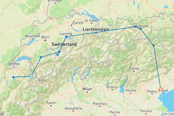 Carte du circuit Les sommets d'Europe : Des Alpes aux Dolomites avec la France, la Suisse, le Liechtenstein, l'Autriche et l'Italie (de Chamonix à Mogliano Veneto) (2026)
