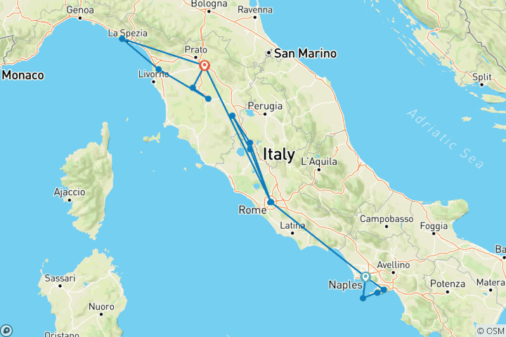 Mapa de 12 días en Italia en tren: Nápoles, Roma y Florencia