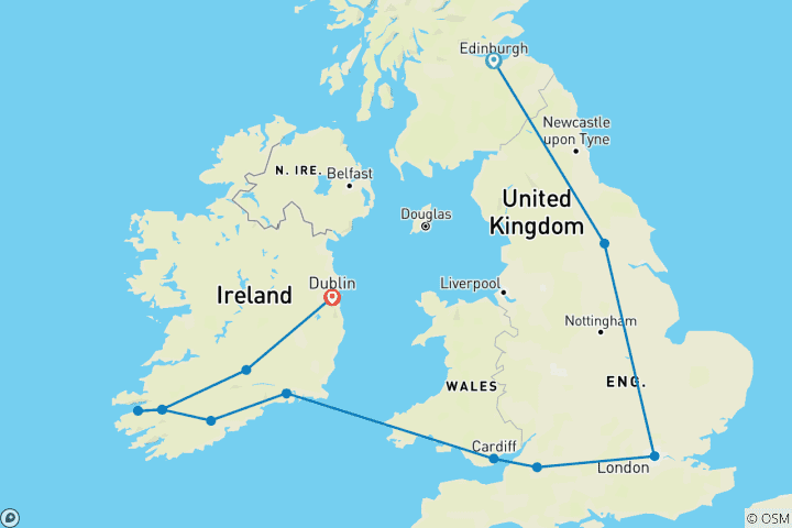 Map of Exploring Britain & Ireland featuring the Royal Edinburgh Military Tattoo (Edinburgh to Dublin)
