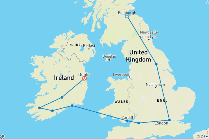 Carte du circuit Explorer la Grande-Bretagne et l'Irlande avec le Royal Edinburgh Military Tattoo (d'Édimbourg à Dublin) (2026)