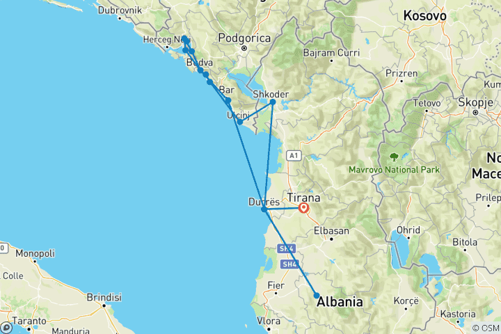 Karte von Albanien & Montenegro - 8 Tage Rundreise Zwischen Adria & Albanischen Alpen
