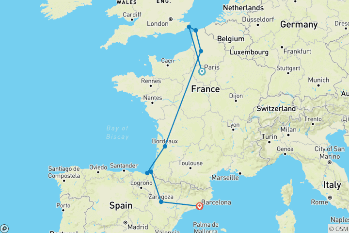 Map of London to Barcelona Quest (Winter, Start Paris, Classic)