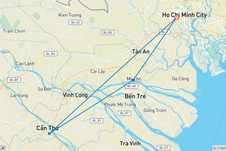 Carte du circuit Vietnam : Ho Chi Ming City et le delta du Mékong - 4 jours