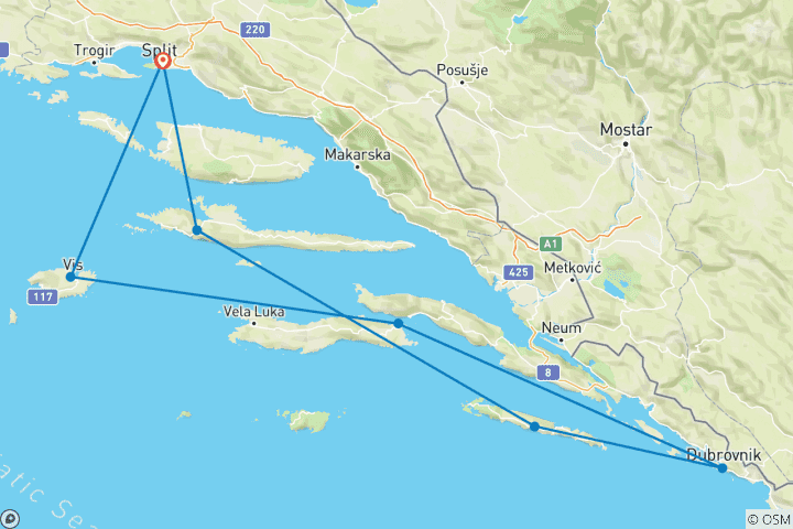 Carte du circuit Adriatic Paradise Cruise 2026 by Lupus Mare - de Split à Split