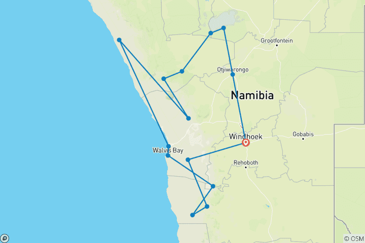 Map of 12-Day Namibia Explorer – Private Family Safari Tour with Child-Friendly Activities