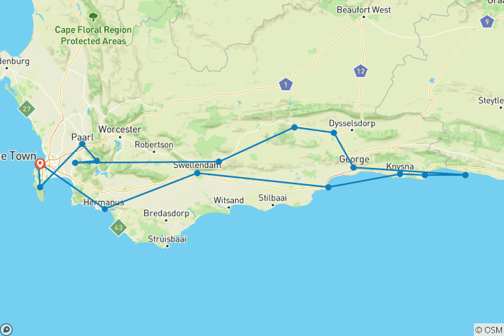 Map of 12-Day Family-Friendly Group Tour – Cape Town & Garden Route Explorer