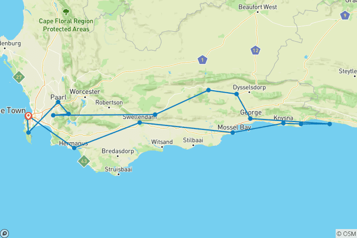 Carte du circuit Circuit de 12 jours en groupe adapté aux familles - Cape Town & Garden Route Explorer
