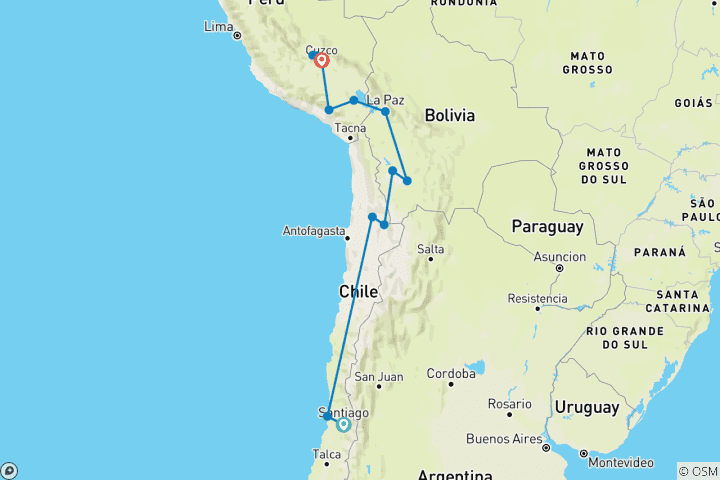 Carte du circuit Chili, Bolivie & Pérou : d'Uyuni au puissant Machu Picchu (13 destinations)