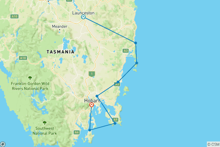 Carte du circuit La nature sauvage et le patrimoine de la Tasmanie (petit groupe, 2027/2028)