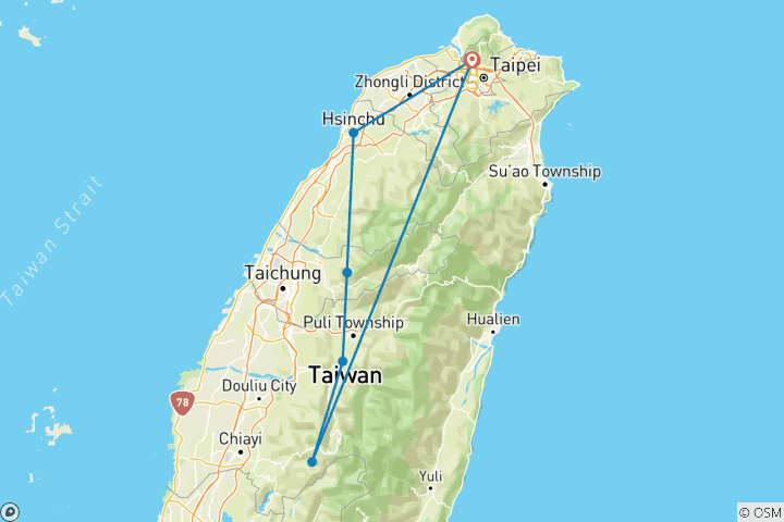 Carte du circuit Circuit privé de 5 jours des trois plus grandes villes de Taïwan (classique)