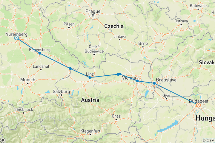 Carte du circuit Le Danube en profondeur 2025 - 10 jours (from Nuremberg to Budapest)