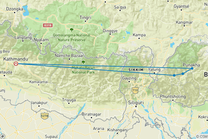 Map of 11 Days Private Tour of Nepal & Bhutan