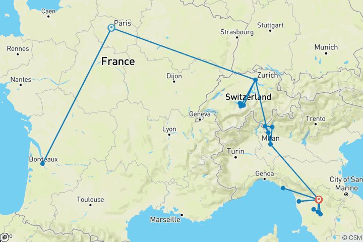 Carte du circuit Circuit de 14 jours : Découverte de Paris, Zurich, Milan et Florence