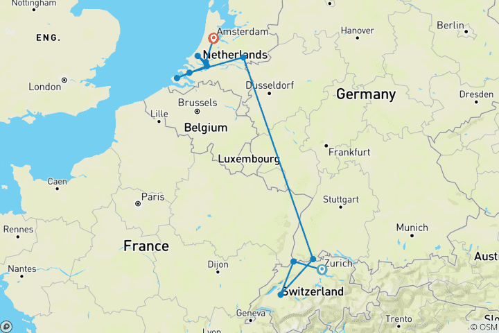Karte von Romantischer Rhein & Mosel 15 Tage (von Zürich bis Amsterdam)