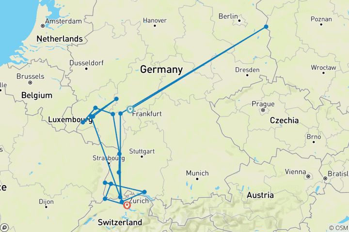 Map of Castles & Vineyards of the Rhine & Moselle 2026 - 8 Days (from Frankfurt-am-Main to Zurich)