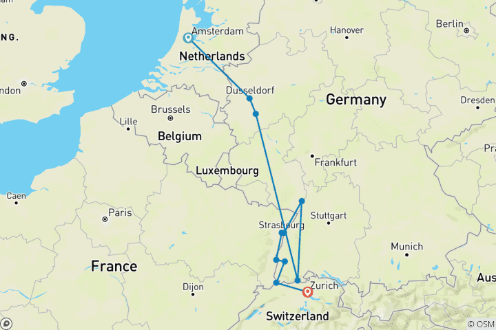 Map of Jewels of the Rhine 2026 - 8 Days (from Amsterdam to Zurich)