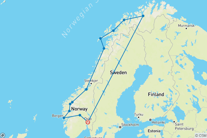 Karte von Norwegen Rundreise - 11 Tage Fjorde, Lofoten & Nordkap