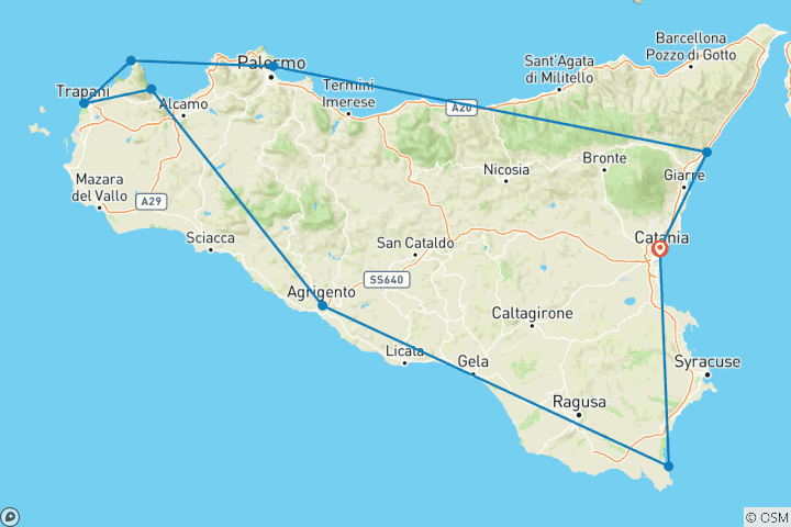 Carte du circuit Aventure en Sicile : volcans, mer et trésors cachés