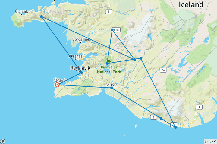 Carte du circuit Aventure en Islande : geysers, chutes d'eau et fjords mystérieux