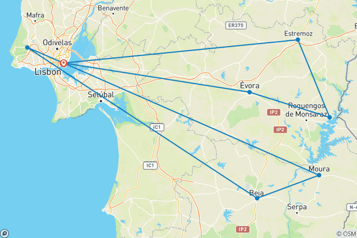 Carte du circuit Voyage à la découverte des vins, des saveurs et de la beauté de l'Alentejo