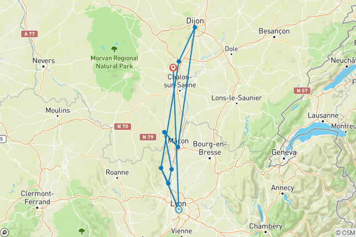 Map of Gastronomic and wine tour of France