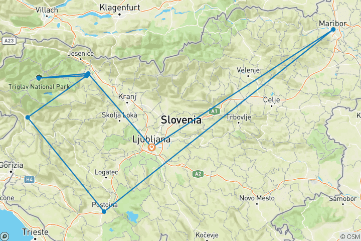 Carte du circuit Le romantisme de la nature et des villes slovènes