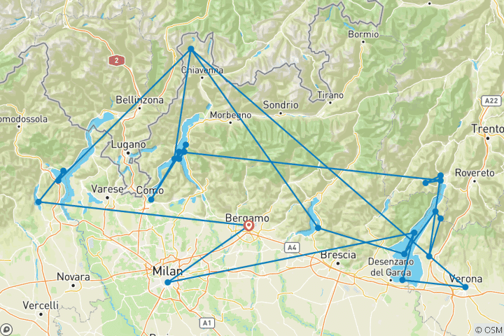 Mapa de Bienestar y naturaleza: un viaje por los lagos del norte de Italia