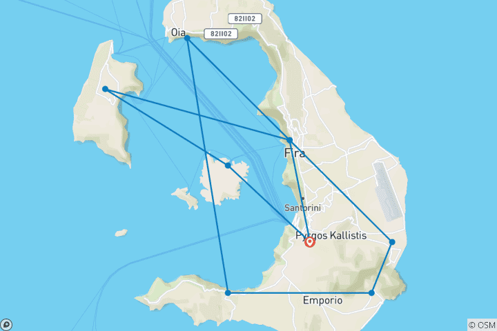 Carte du circuit Santorin : à travers l'île grecque