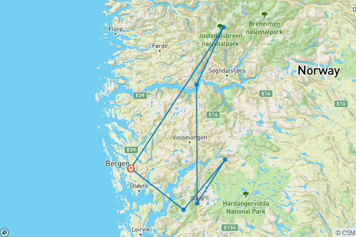 Map of Norwegian nature and famous hikes