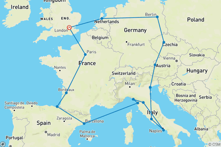Carte du circuit European Quest (Standard, Hiver (jusqu'à mars 27), Départ Londres, Classique)