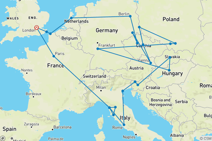 Carte du circuit European Trail (Standard, Départ Londres, Gap 18-22)