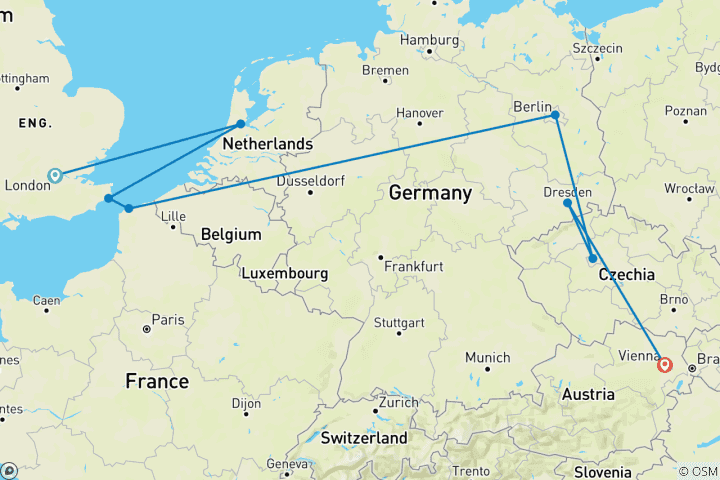 Map of London to Vienna Trail (Standard, Start London, Gap 18-22)