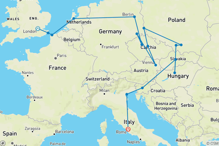 Carte du circuit Circuit Londres-Rome (Standard, Hiver (jusqu'au 27 mars), Départ d'Amsterdam, Classique)