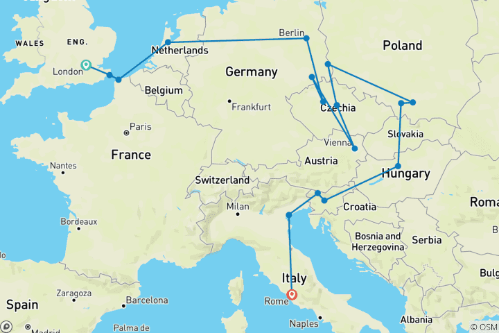 Map of London to Rome Trail (Standard, Summer ( Until Mar '27), Start London, Classic)