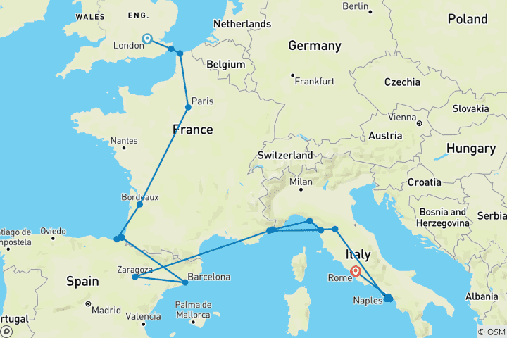 Map of London to Rome Quest (Standard, Winter ( Until Mar '27), Start London, Classic)