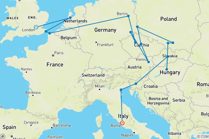 Map of London to Rome Trail (Standard, Winter ( Until Mar '27), Start London, Classic)
