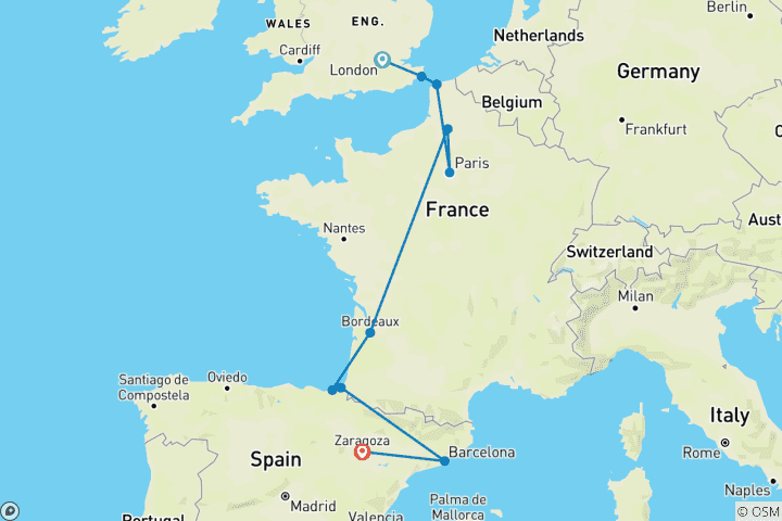Map of London to Barcelona Quest (Standard, Summer ( Until Mar '27), Start Paris, Classic)