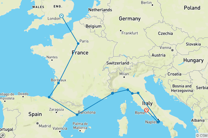 Carte du circuit Quête Londres-Rome (Standard, Été (jusqu'à mars 27), Départ Londres, Classique)