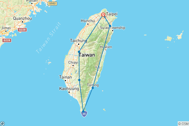 Carte du circuit 10 jours à Taïwan (guide et chauffeur privés）Family Tour - Personnalisable)