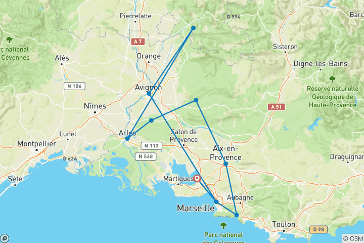 Carte du circuit La Provence sur les traces de Van Gogh : histoire, art & magie du littoral