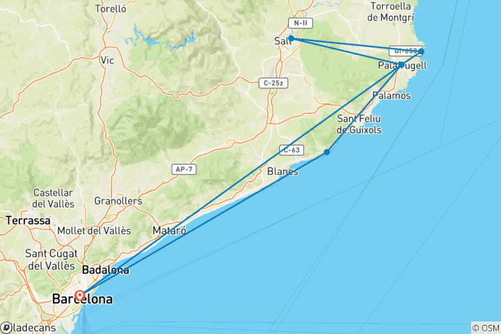 Carte du circuit De Barcelone à la côte nord-est de la Catalogne