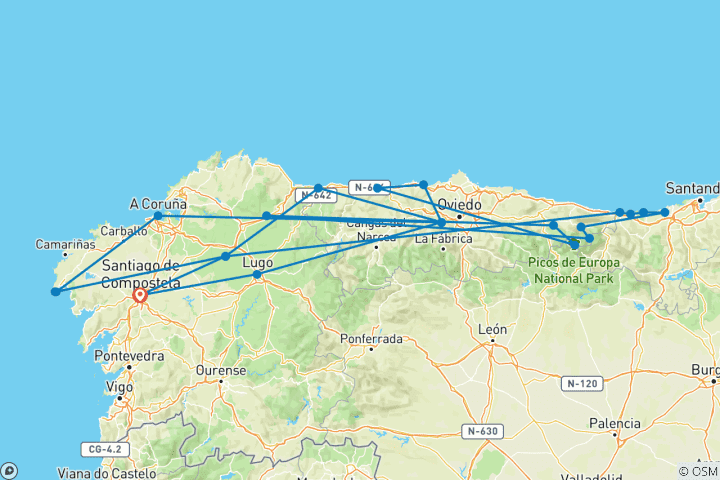 Carte du circuit Roadtrip dans le nord de l'Espagne