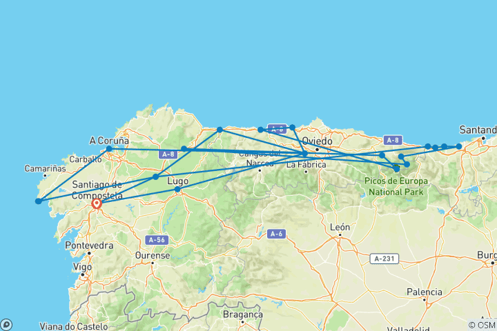 Mapa de Viaje por carretera por el norte de España