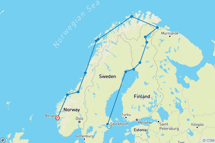 Carte du circuit Découverte nordique de la Suède, de la Laponie finlandaise et croisière de 5 nuits sur la côte norvégienne (de Stockholm à Bergen)