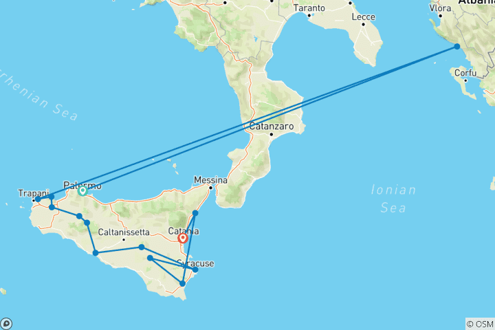 Karte von Mietwagen-Rundreise Sizilien