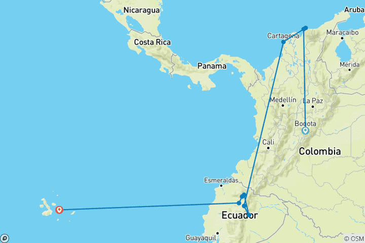 Karte von Kolumbien & Ecuador mit Galapagos Rundreise - 22-tägige Natur-und Kulturreise in Kleingruppe